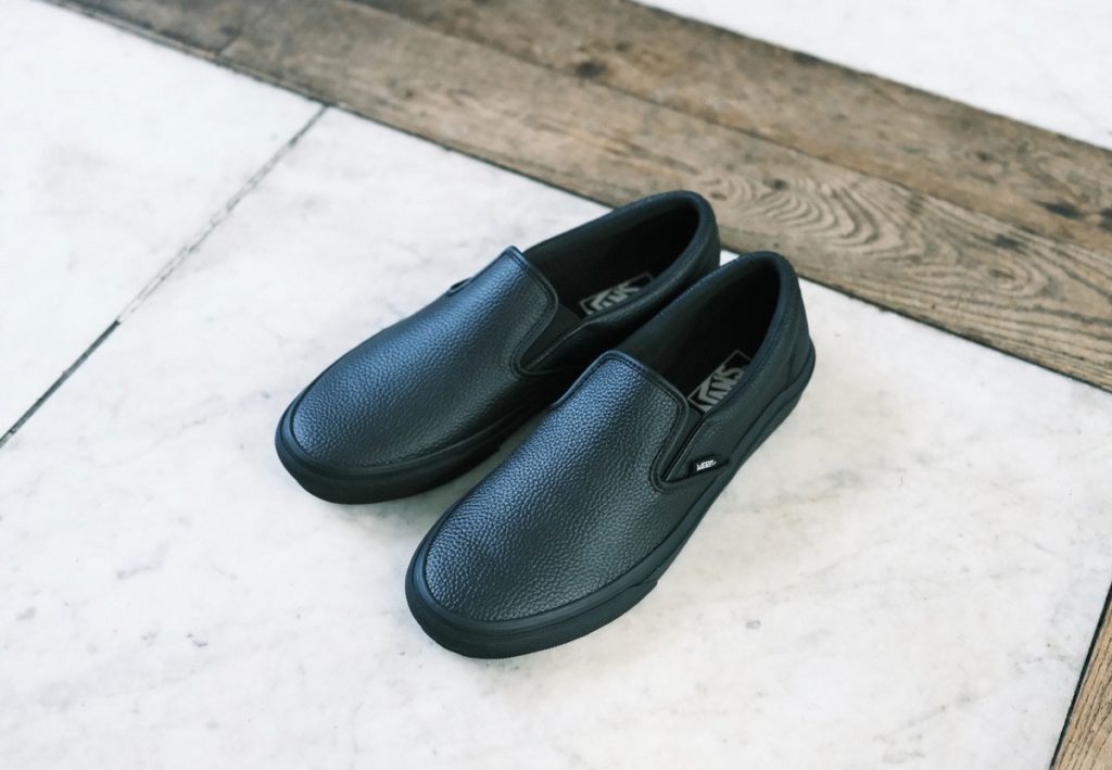 Vans black leather slip on clearance sneakers